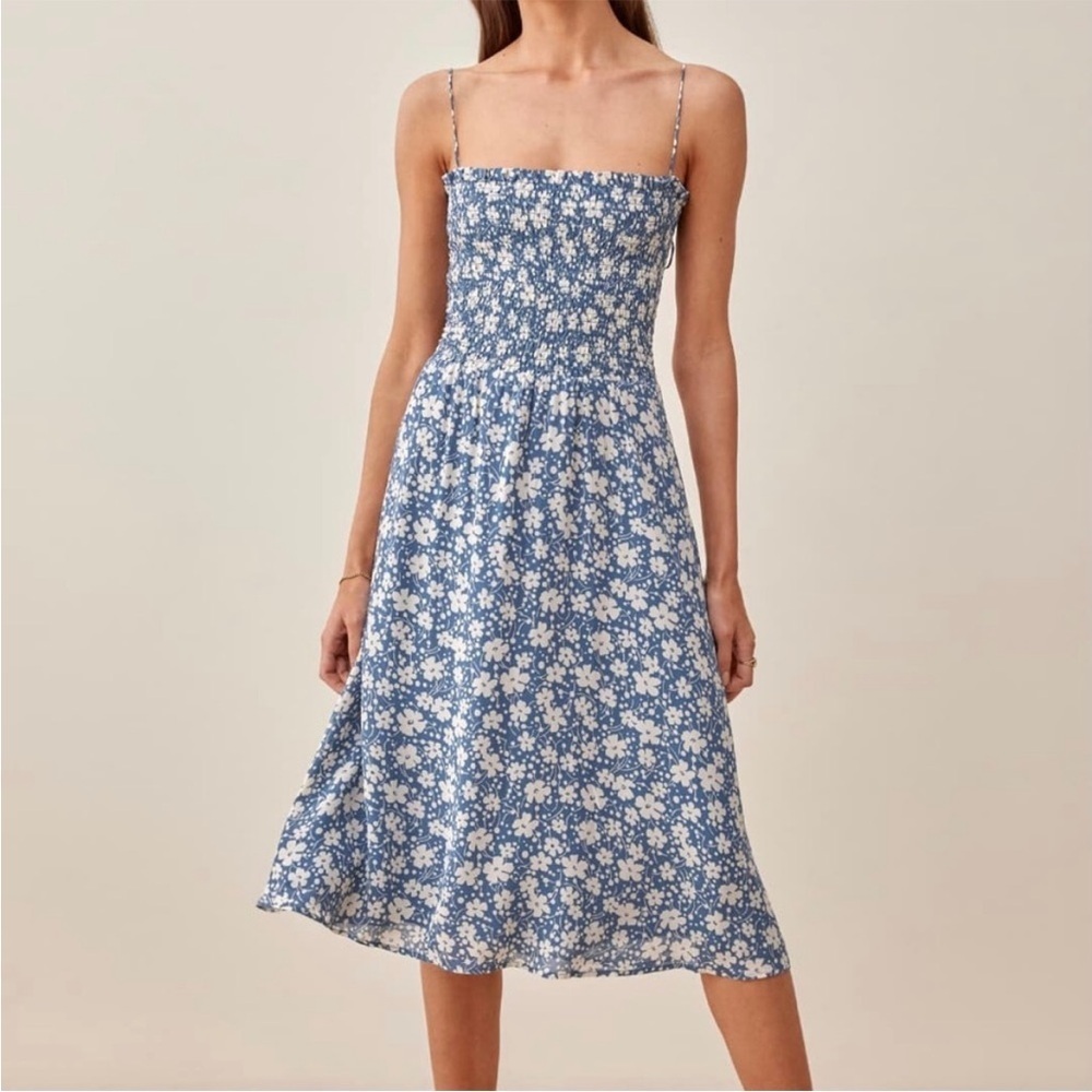 Reformation Sable Smocked Tie Midi Dress In Mari Blue White Floral New Size XS